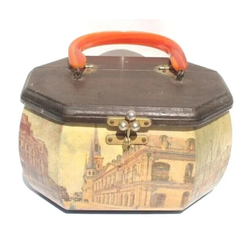 Vintage 1970s Victorian Cottage Octagon Wood Box Purse W/ Handles